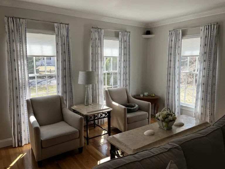 Custom tailored window treatments in a Wellfleet, Cape Cod home.