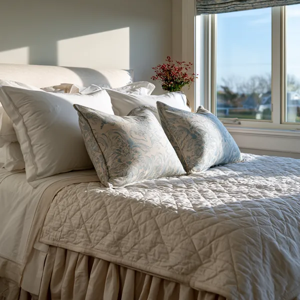 A matching luxury coastal bedroom set featuring a custom bedspread, pristine dust ruffles, and coordinated pillow shams in Wellfleet, MA.